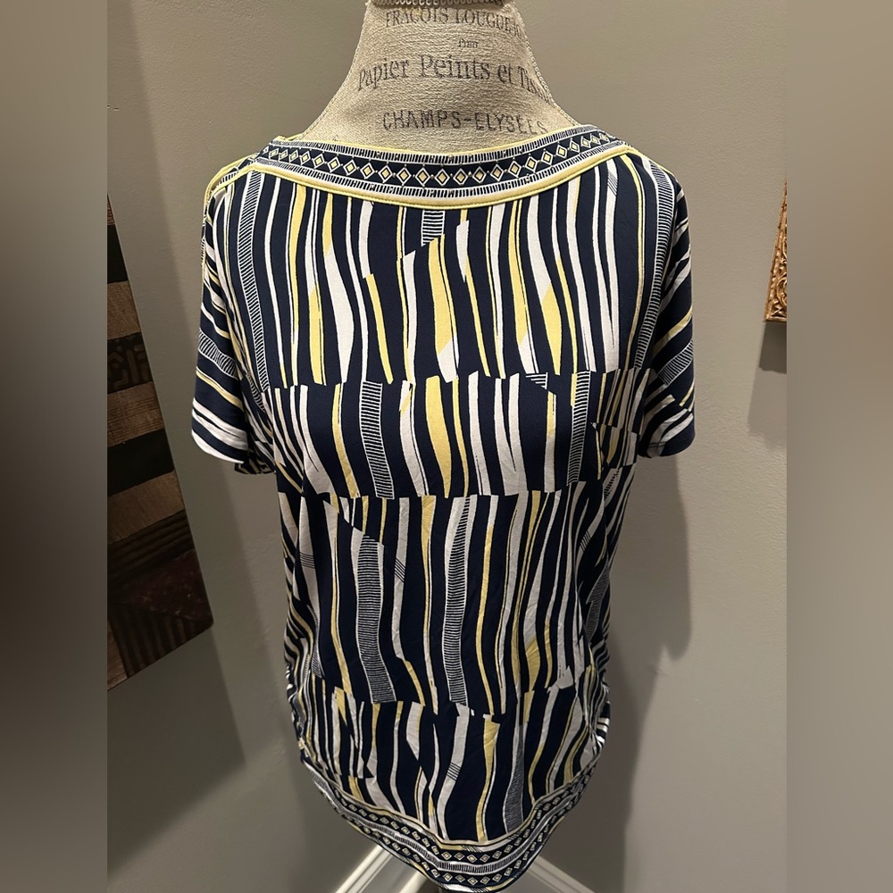 JM Collection Navy, White & Yellow Stripe Short Sleeve Scoop Top